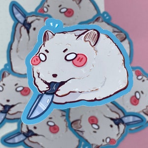 May include: A set of five white hamster stickers with a blue knife. Each hamster has a different expression and is holding the knife in a different way.