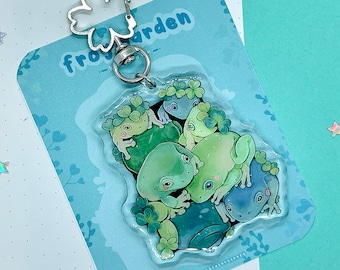 Frosch Garten Schlüsselanhänger | Glitzer Schlüssel Charm | Schlüssel Zubehör | Acryl Anhänger Schlüsselanhänger | Blumen Verschluss | Tier Schlüsselanhänger | Epoxidharz | Doppelseitig