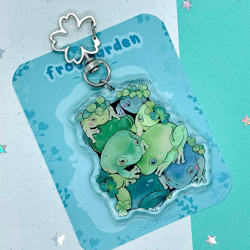 Frog Garden Keycharm Glitter Key Charm Key Accessories Acrylic Charm Keychain Flower Clasp Animal Keychain Epoxy Double Sided image 1