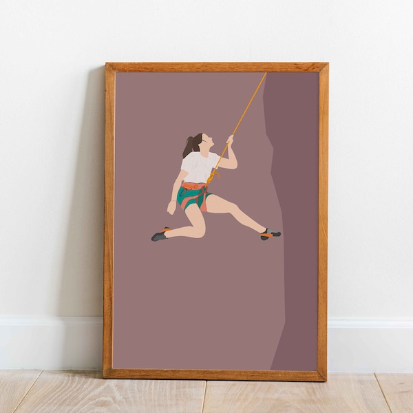 Working the Crux - Rock Climber Modern Print, Female Climbing Art, Adventure Illustration, Climbing Rope Art