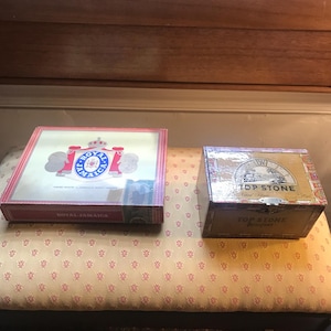 Two rare vintage cigar boxes —Top Stone Bouquet and Royal Jamaica Corona Grandes.
