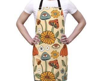 Cute Mushroom Apron, Apron For Women, Male Apron, Grandma Gift, Cottagecore Towel, Vintage Bibbed, 70s Pinafore, Novelty Apron,Hostess Apron