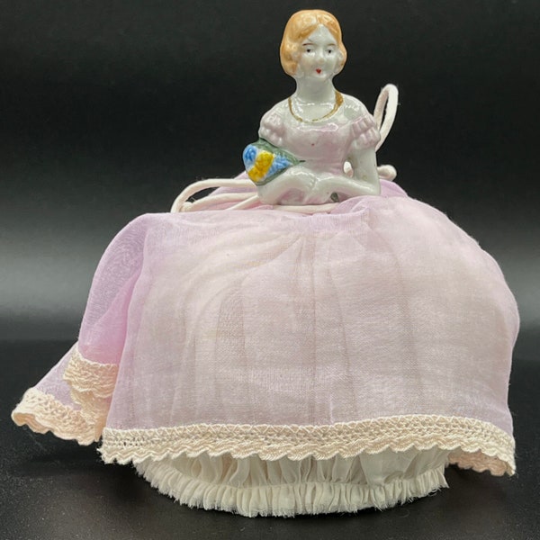 Antique Porcelain Half Doll with Up Cycled Fine Silk Dress Cushion