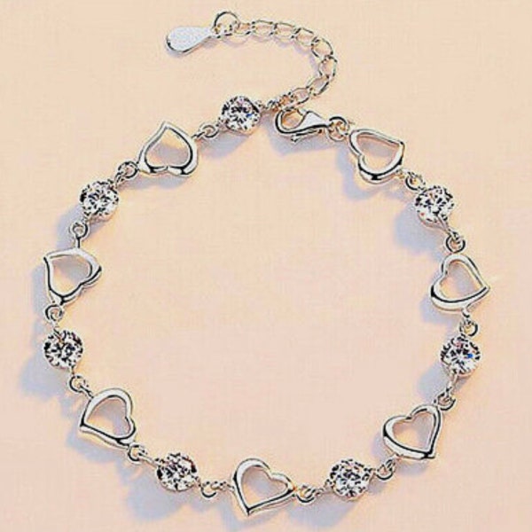 Crystal heart linked charm bracelet ,Solid 925 sterling silver heart bracelet , Tiny love heart ,925 Stirling ,bracelets ,Women’s jewellery