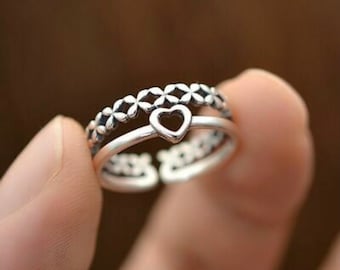 Anillo de apilamiento de corazón abierto de plata de ley sólida 925, corazón de amor pequeño, anillo ajustable, anillos, anillos de plata, anillos de mujer
