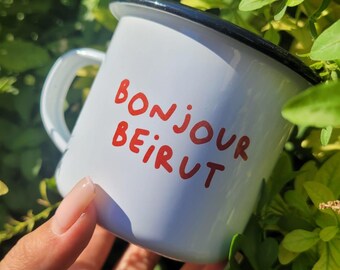 Bonjour Beiroet EMAILLE MOK | Libanon-cadeau | Libanese koffiemok | Beiroet | Libanon | Libanees souvenir | Libanese mok
