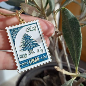 Blue Lebanese Post Stamp Keychain | Keyring Lebanon | Lebanese Souvenir | Lebanese Gift | Gold Enamel | Beirut | Lebanon Keychain | Whyنط