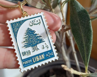 Blue Lebanese Post Stamp Keychain | Keyring Lebanon | Lebanese Souvenir | Lebanese Gift | Gold Enamel | Beirut | Lebanon Keychain | Whyنط