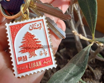 Red Lebanese Post Stamp Keychain | Keyring Lebanon | Lebanese Souvenir | Lebanese Gift | Gold Enamel | Beirut | Arab | Lebanon Keychain