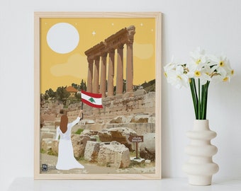 May include: A framed illustration of a woman in a white dress holding the Lebanese flag in front of the Roman ruins of Baalbek, Lebanon. The illustration is set against a yellow background with a white moon and stars.