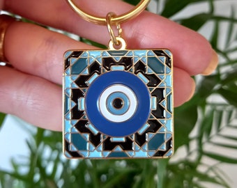 Evil Eye Pattern Keychain | Kharze Zarka Keyring | Lebanese Souvenir | Lebanese Gift | Gold Enamel | Beirut | Lebanon Keychain | Whyنط