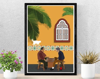 Puede incluir: Dos personas juegan a un juego de mesa en un patio con una pared amarilla, una ventana y palmeras. Un gato blanco pasa por el fondo.