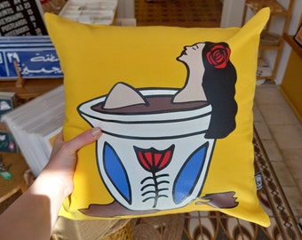 Coffee Bath in Yellow Cushion | Lebanese Cushion Cover | size 40x40 | Cushion Lebanese | Pillows Lebanon