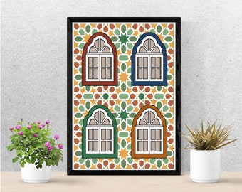 May include: A framed print featuring a colorful geometric pattern with four arched windows. The windows are outlined in black and have a white interior. The background is a mix of orange, green, blue, and yellow.