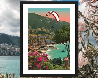 Jounieh Sunset | Paragliding Jounieh | Beirut Lebanon | Lebanese Art Print | Beyrouth | size A4 A3 A2 A1 | Beirut | بيروت | Lebanon Poster