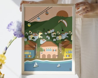 May include: A framed illustration of a coastal town with colorful buildings, palm trees, a cable car, and a paraglider flying over a green hillside. The sky is a soft pink and orange with a sun setting in the distance.