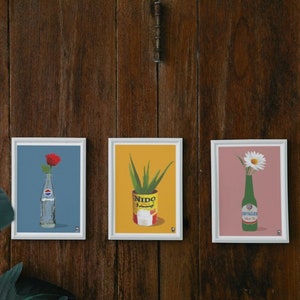 Nostalgic Plant Pots Poster Set | Lebanese Art Print | size A1 A2 A3 A4 | Set of 3 | Almaza | Nido | Pepsi