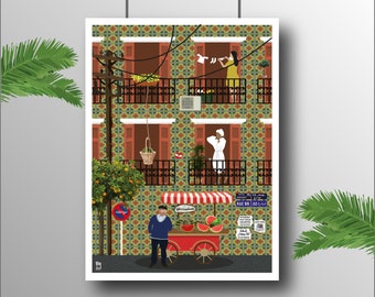 May include: A colorful illustration of a building with balconies and a street vendor selling watermelon. The building has a tiled facade with a repeating pattern. The vendor is standing next to a red cart with a striped awning. The cart is filled with watermelons. The illustration is in a flat style.