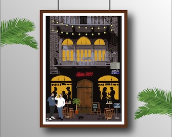 May include: A framed art print depicting a bar scene at night. The illustration shows a building with arched windows, string lights, and the neon sign "Bar 961". Silhouetted figures are seen inside and outside the bar.