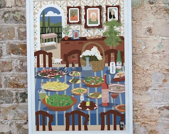 May include: A colorful illustration of a family gathering around a table filled with food. The table is set with a blue and white tablecloth and features a variety of dishes, including salads, grilled meats, and bread. The scene is set in a home with a window overlooking a balcony and a view of a cityscape.