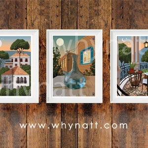 Lebanese Village Poster Set | Lebanese Art Print | size A1 A2 A3 A4 | Set of 3 | Ebrik Jug | Village | Balcony