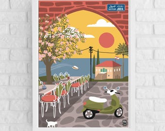 Puede incluir: Una ilustración colorida de una escena de café en Jbeil, Líbano. La imagen presenta un arco de ladrillo rojo, un árbol en flor, un café con mesas y sillas, un scooter verde y un gato blanco. El texto "Secteur Jbeil" es visible en la esquina superior derecha.