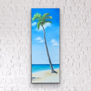 Tropical beach in oil painting, original canvas artwork, palm tree in a tropical coast, calm seascape with palm tree, wall decor, home decor