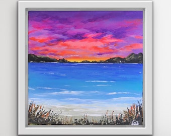 Acrylic on canvas with easel, original artwork painting, colourful sunset in a beach, home and office decor.