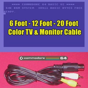 Puede incluir: Cable negro para TV y monitor a color Commodore 64, con opciones de 1,83 m, 3,66 m y 6,1 m. El cable tiene un conector negro y conectores RCA amarillos y blancos. La imagen incluye el texto "Color TV & Monitor Cable".