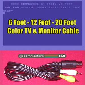 Peut inclure: Un câble noir pour ordinateurs Commodore 64 avec un connecteur multi-broches à une extrémité et des prises RCA jaune et blanche à l'autre. Le texte indique : 6 Foot - 12 Foot - 20 Foot Color TV & Monitor Cable, Commodore 64, Commodore 64 BASIC V2.