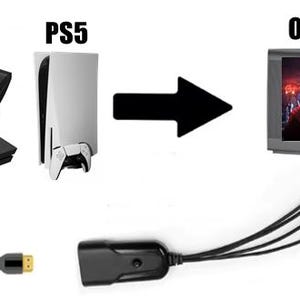May include: Image showing a comparison of PlayStation consoles: PS3, PS4, and PS5, with an older TV. A black arrow points from the PS5 to the TV, with a cable adapter below. The image text includes the console names.