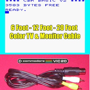 May include: Black color TV and monitor cable with 6, 12, and 20-foot options. The image includes text: CBM BASIC V2, 3583 Bytes Free, READY. Also, the Commodore VIC20 logo is visible.