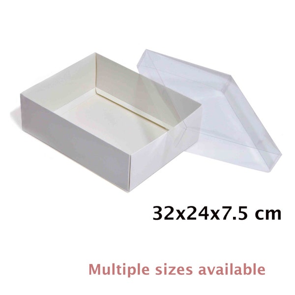 5, 10, 25, 50 Stück - 32x24x7,5 cm - Weiße durchsichtige Deckelbox, mattes Papier - A4, XXL tiefe Box, Blechkuchen, Dessert, Mode, Display - Schneller Versand