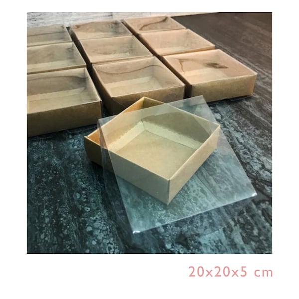 Caixa de artesanato natural com tampa transparente: embalagem para presente (20x20x5 cm)