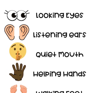 May include: A white poster with the words "Classroom Rules" at the top. Below are illustrations of eyes, ears, a face with a finger to the lips, a hand, and feet, each paired with a rule: "Looking Eyes," "Listening Ears," "Quiet Mouth," "Helping Hands," and "Walking Feet."
