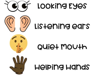 Puede incluir: Un póster blanco con las palabras "Reglas del aula" en la parte superior. Debajo, ilustraciones de ojos, orejas, una cara con un dedo en los labios, una mano y pies, cada uno emparejado con una regla: "Ojos mirando", "Oídos escuchando", "Boca callada", "Manos ayudando" y "Pies caminando".
