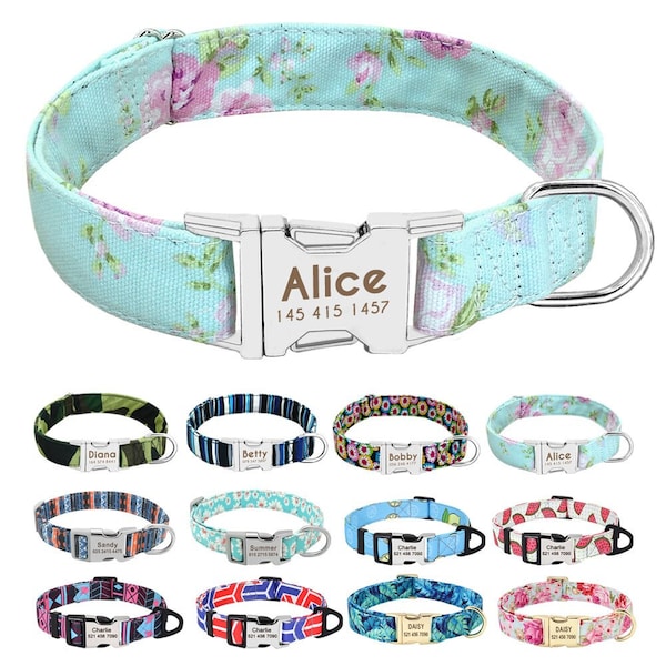 Personalized Laser Engraved Metal Buckle Dog Collar, Boho Cotton Voile Styles, Designer Collars DDC01