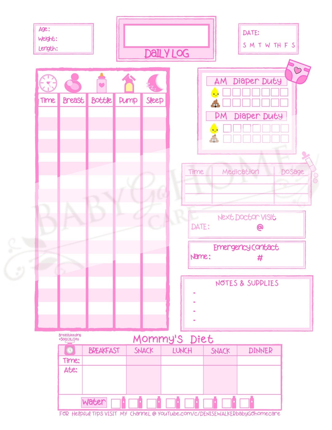 Pink Girl Printable Baby Feeding Log, Newborn Daily Journal, Feeding ...
