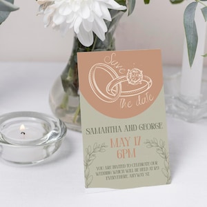 Modern Boho Wedding Invitation – Elegant Save the Date Template – Brown & Green Tones with Rings Illustration – Editable Canva Invitation