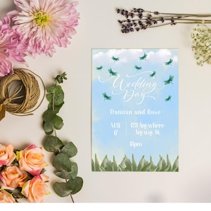 Elegant Retro Watercolor Wedding Invitation with Dragonflies and Meadow, Editable & Printable Tender Sky Background Design