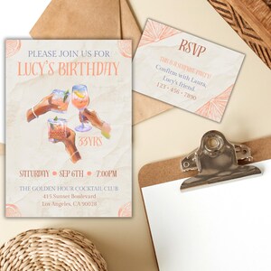 Cocktailparty-uitnodigingspakket • Bewerkbare Canva-sjabloon met RSVP • Vintage baruitnodiging • Afdrukbare happy hour-uitnodiging.