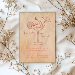 Vintage Martini Glass 35th Birthday Invitation - Editable Canva Template - Instant Download Digital & Printable Invite