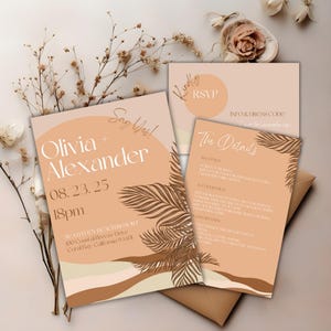 Modern Beach Wedding Invitation Bundle | Editable Canva Templates | Terracotta & Palm Design