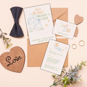Modern Retro Wedding Invitation Bundle - Save the Date Template - Bride & Groom Silhouette - Editable Canva - Digital Printable