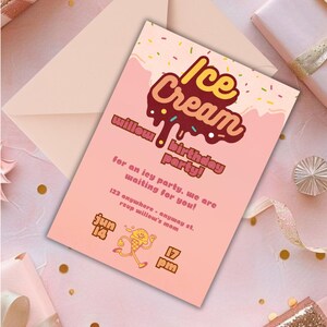 Summer Birthday Invitation for Kids - Groovy Vintage Ice Cream Party - Editable Canva Template - Digital & Printable