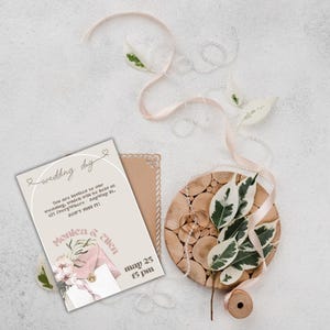 Modern and country wedding invitation, boho style, neutral tones, antique pink and powder. Simple and elegant digital invitation.
