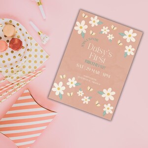 Editable First Birthday Invitation – Floral Pink Daisy Design – Digital Download – Printable Baby Girl Invite