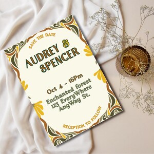 Retro 70s Wedding Invitation - Groovy Green Brown Yellow Canva Template - Art Deco Floral - Autumn Country Wedding - Digital & Printable