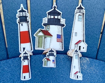 ACK PACK - includes 3 Nantucket Lighthouse Stickers (Sankaty, Great Point, Brant Point) in 3" or 5" Vinyl die-cut decal, Indoor/Outdoor