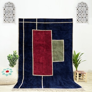Blue Moroccan Rug, Abstract Rug 9x12, Moroccan Wool Rug, Handknotted,Modern Rug, Blue Rug for Living Room, Beni Ourain Rug, Berber Rug